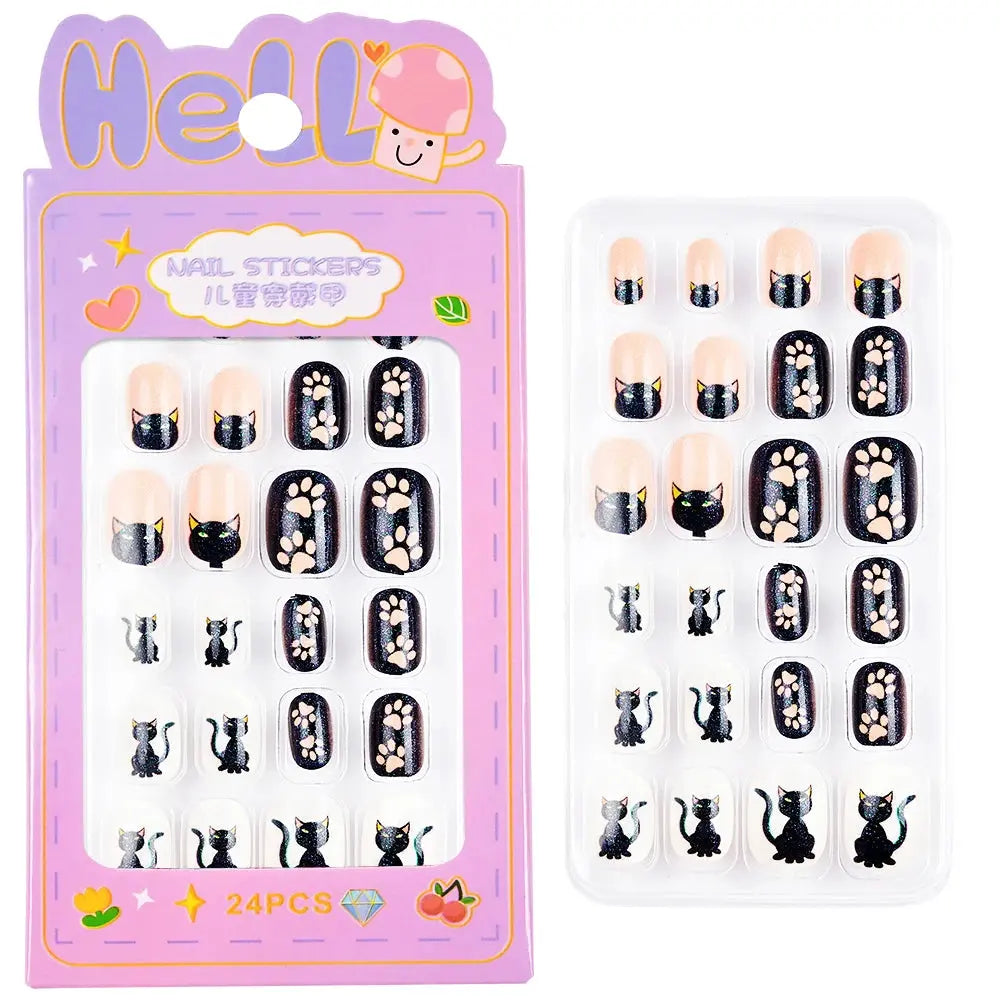 24Pcs/box Kids nails for Girl Cartoon Pattern False Nail Cute Child Fake Nails Tips Kawaii Acrylic Artificial Press on Nail+Tool NovaCart