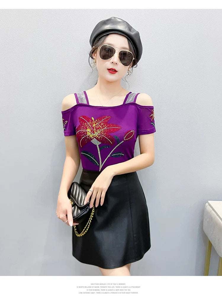 Women's Clothes New Design Sexy Off Shoulder Shiny Diamonds T-Shirts Luxury Brand Mesh Tees Tops Blouse Shirt NovaCart
