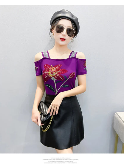 Women's Clothes New Design Sexy Off Shoulder Shiny Diamonds T-Shirts Luxury Brand Mesh Tees Tops Blouse Shirt NovaCart