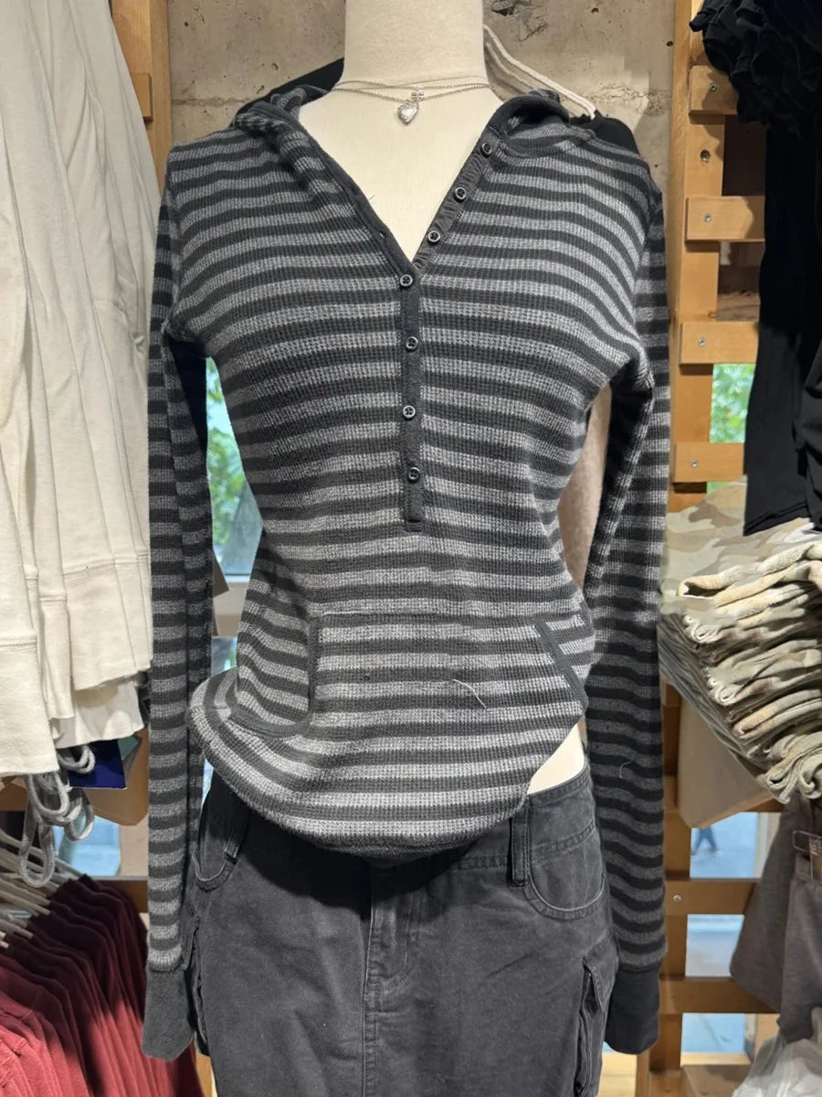 Gray Striped Waffle Hooded T-shirt Women Five  Button CottonSlim Long Sleeve Tee Shirt Casual Preppy Style Vintage Tshirt Y2k NovaCart