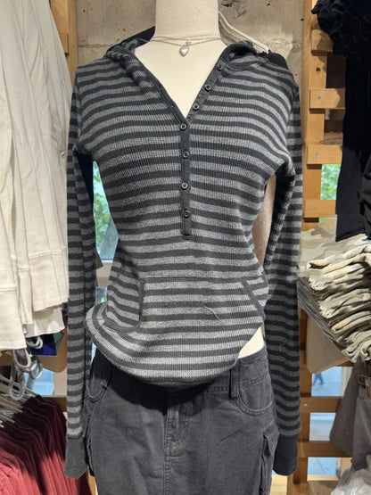 Gray Striped Waffle Hooded T-shirt Women Five  Button CottonSlim Long Sleeve Tee Shirt Casual Preppy Style Vintage Tshirt Y2k NovaCart
