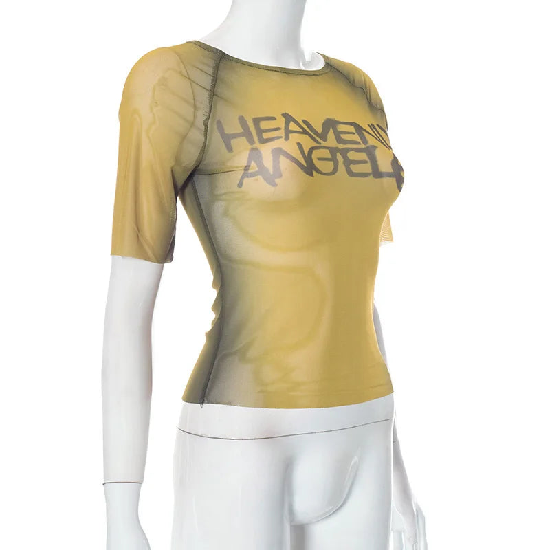 Y2K Letter Print Top See Through Graphic T Shirts For Women Clothing Short Sleeve Aesthetic Ropa De Mujer Skinny Sexy Streetwear NovaCart
