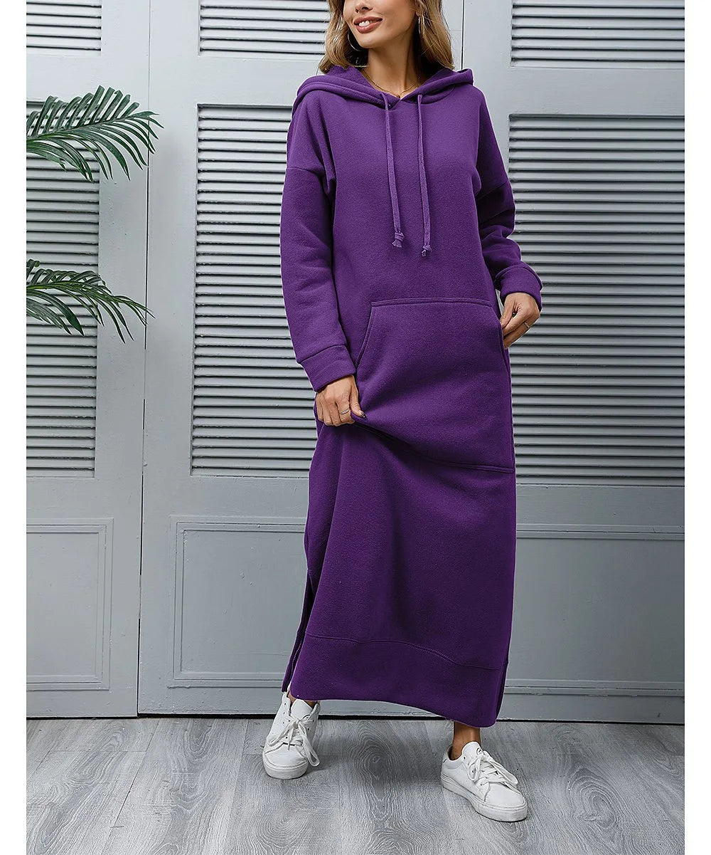 Hoodies Dress For Women Fashion 2025 Hem Lace-up Midi Robe Hooded Long Dress Autumn Winter Warm Casual Loose Sweatshirt Vestidos NovaCart