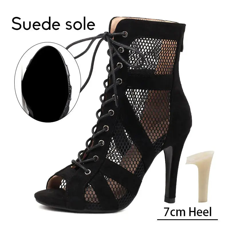 Women Latin Dance Shoes Black Boots High-Top High Heels Salsa Sandals Mesh Tango Boots Ladies Woman Party Ballroom Dance Shoes NovaCart