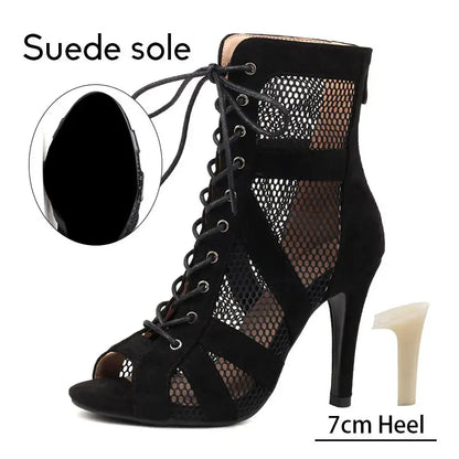 Women Latin Dance Shoes Black Boots High-Top High Heels Salsa Sandals Mesh Tango Boots Ladies Woman Party Ballroom Dance Shoes NovaCart