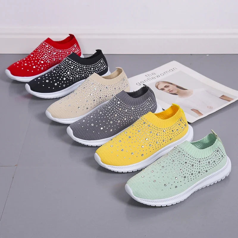 2024 New Crystal Breathable Mesh Sneaker Shoes for Women Comfortable Soft Bottom Flats Plus Size 43 Non Slip Casual Shoes Woman NovaCart