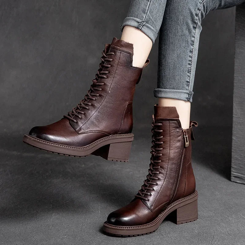 Birkuir Winter Plush Warm Boots Genuine Leather Women Snow Boots 6cm Thick Heel Shoes Handmade Side Zip Leisure Platform Boots NovaCart