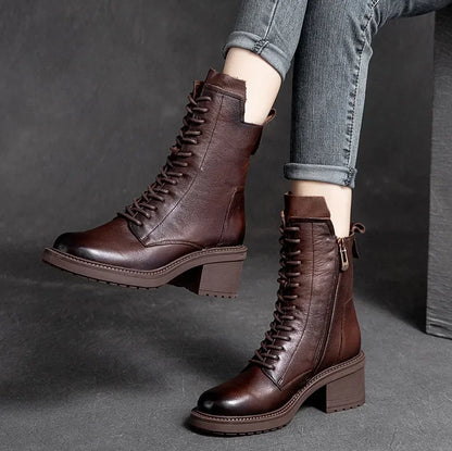 Birkuir Winter Plush Warm Boots Genuine Leather Women Snow Boots 6cm Thick Heel Shoes Handmade Side Zip Leisure Platform Boots NovaCart