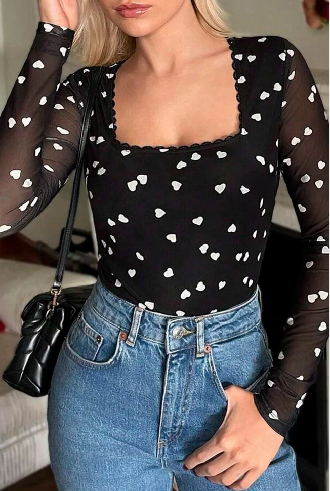 Heart Mesh Long-Sleeve Bodysuit Kacee Lillie Boutique
