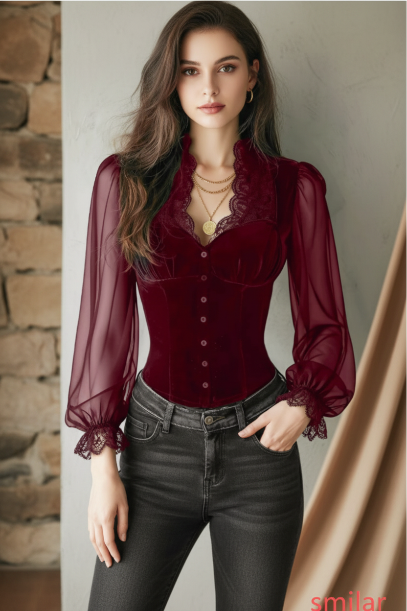 Women's Velvet & Lace Trim Top V-Neck Long Sleeve Blouse FitiqueFit