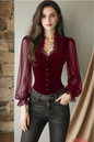 Women's Velvet & Lace Trim Top V-Neck Long Sleeve Blouse FitiqueFit