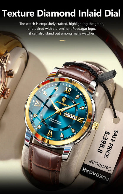 POEDAGAR Luxury Business Male Wristwatch Waterproof Luminous Leather Man Watch Date Week Sport Casual Men's Quartz Watches reloj NovaCart