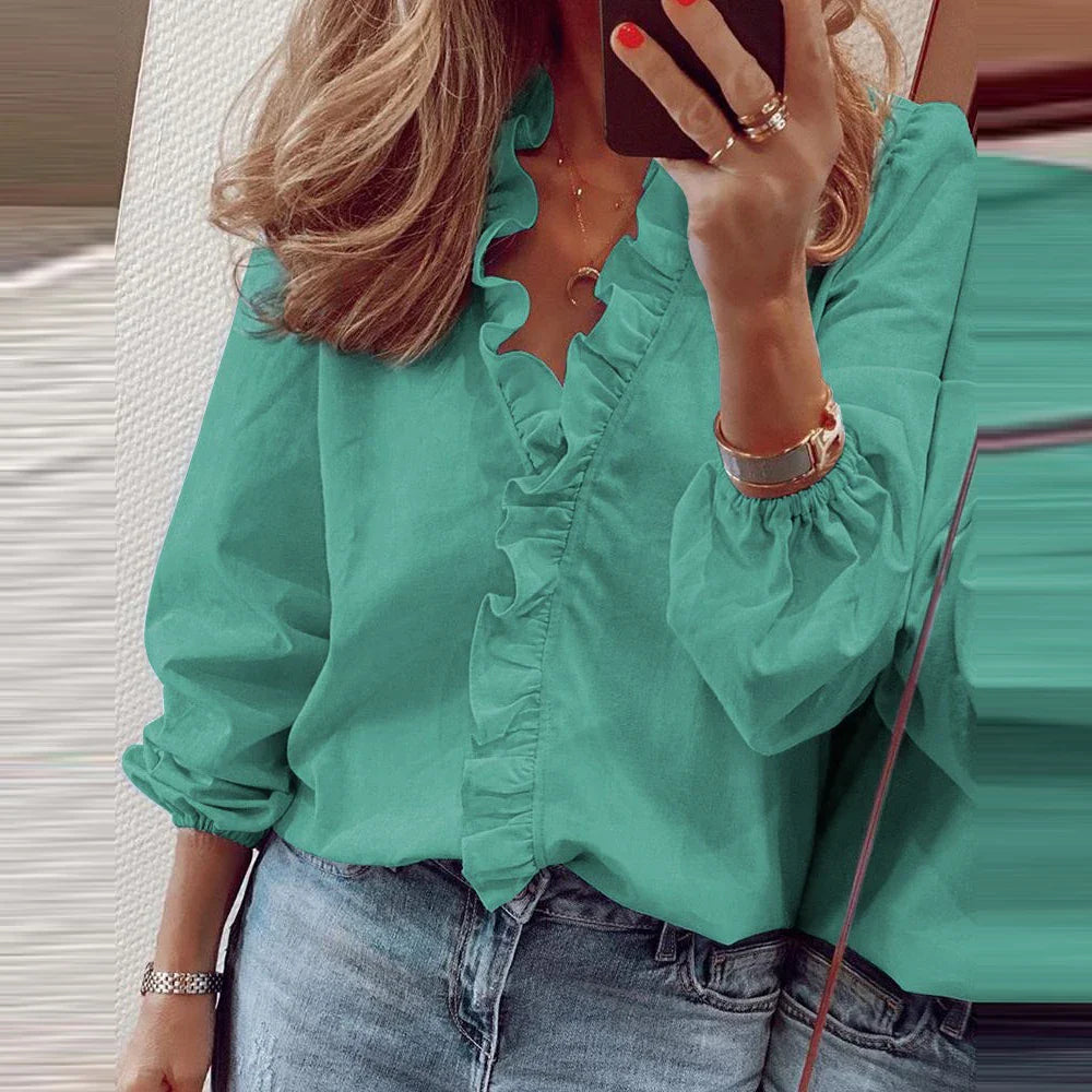 Plus Size Women Ruffled Blouse Pullover Long Sleeve