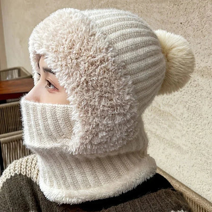 Winter Lined Knit Hat with Earflap & Hooded Neck Gaiter FitiqueFit