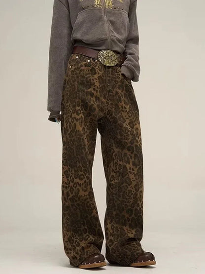 Leopard Print Y2k Jeans Women Oversized Wide Leg Denim Trousers Streetwear