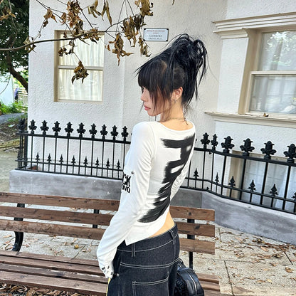 Tonngirls American Retro Print T-shirt Women Long Sleece Button Graphic Tops Y2k Tops 2000s Japanese Grunge Tops E-girls Autumn NovaCart