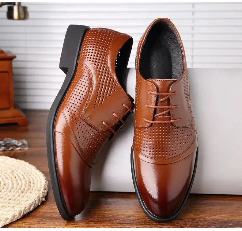 Flat / 6CM Genuine Leather Men Formal Elevator Shoes Wedding Business Height Increase Lift Shoes Invisible Summer Hollow Wedding NovaCart