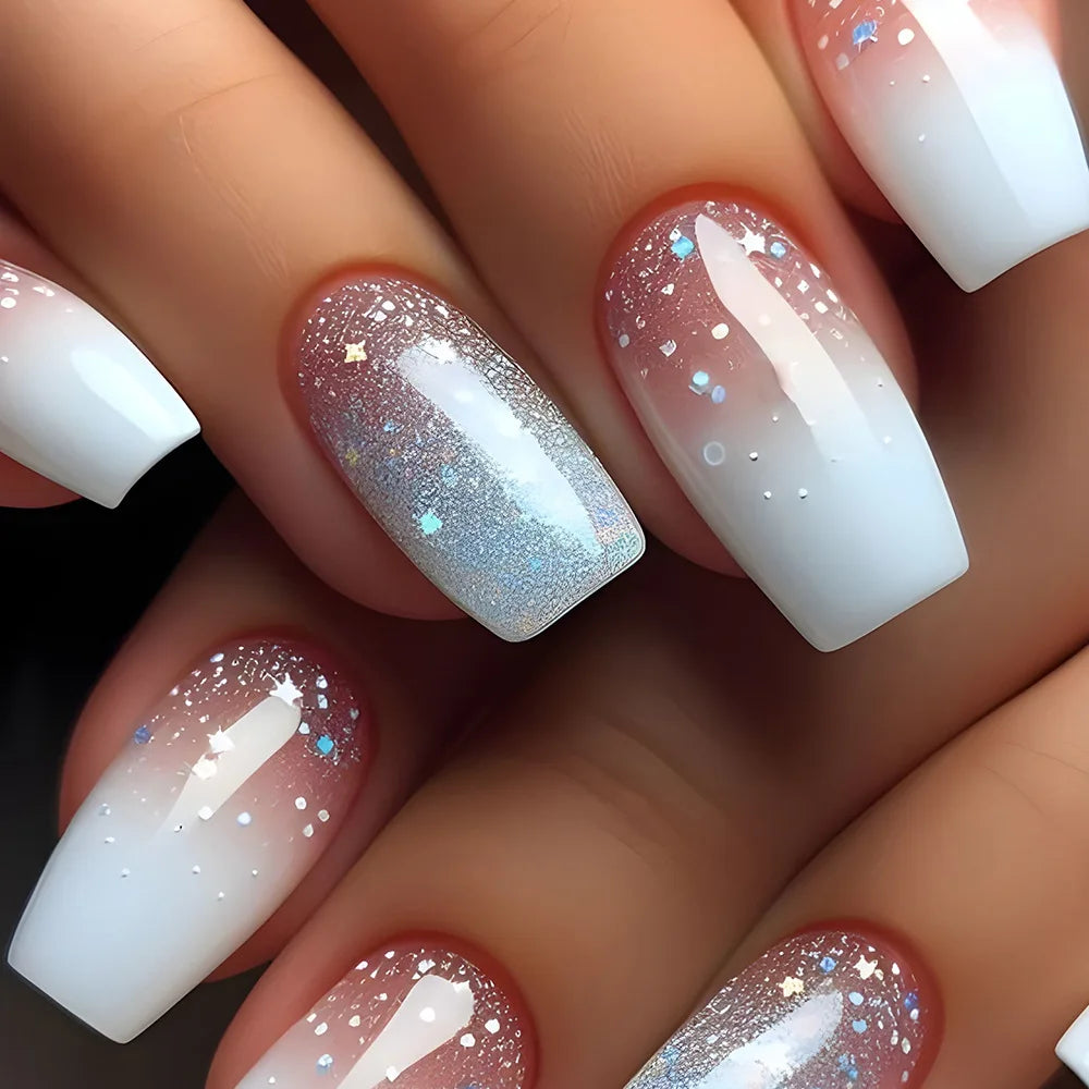 24Pcs Short Square Coffin False Nails Square Fake Nails with Glue French Glitter Wearable Acrylic Nails Set Press on Nail Tips NovaCart