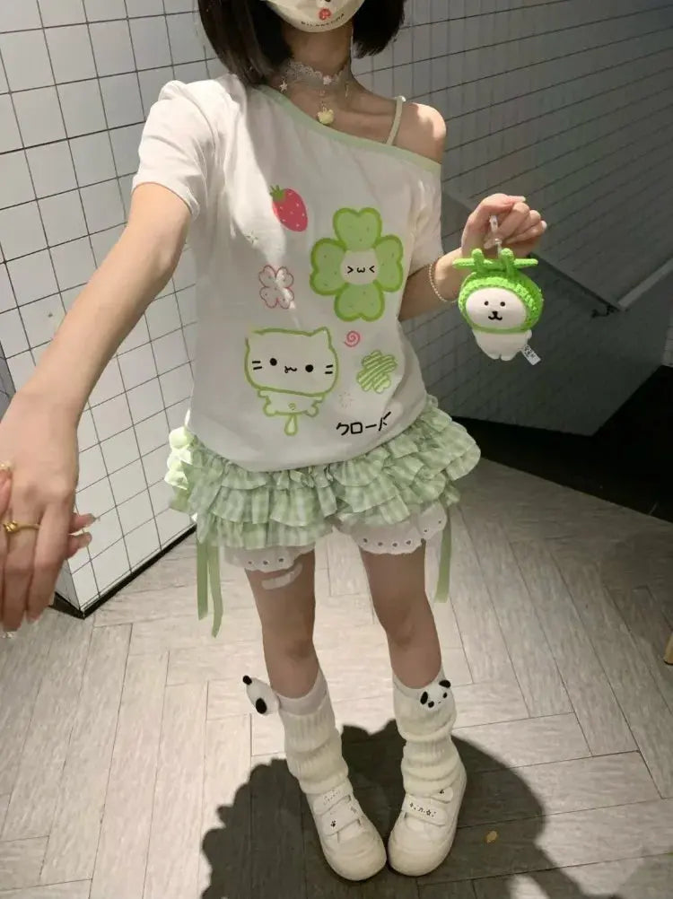Ezgaga Harajuku T Shirts Women Cartoon Sweet Diagonal Collar Short Sleeve Off Shoulder Funny Tops Female Y2k Ladies Tshirts NovaCart