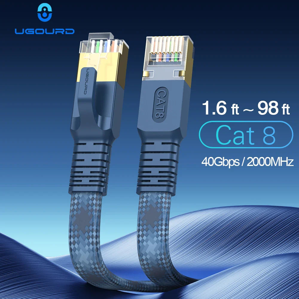 CAT 8 Flat Network Internet Cable 40Gbps 2000MHz Round RJ45 Nylon Braided LAN Cable Patch Cord for Modem Router PC PS4/5/6 Xbox Pi-Mart