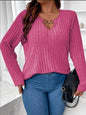 Plus Size Solid V-neck Chain Loose Long Sleeved Rib-knit Light Sweater