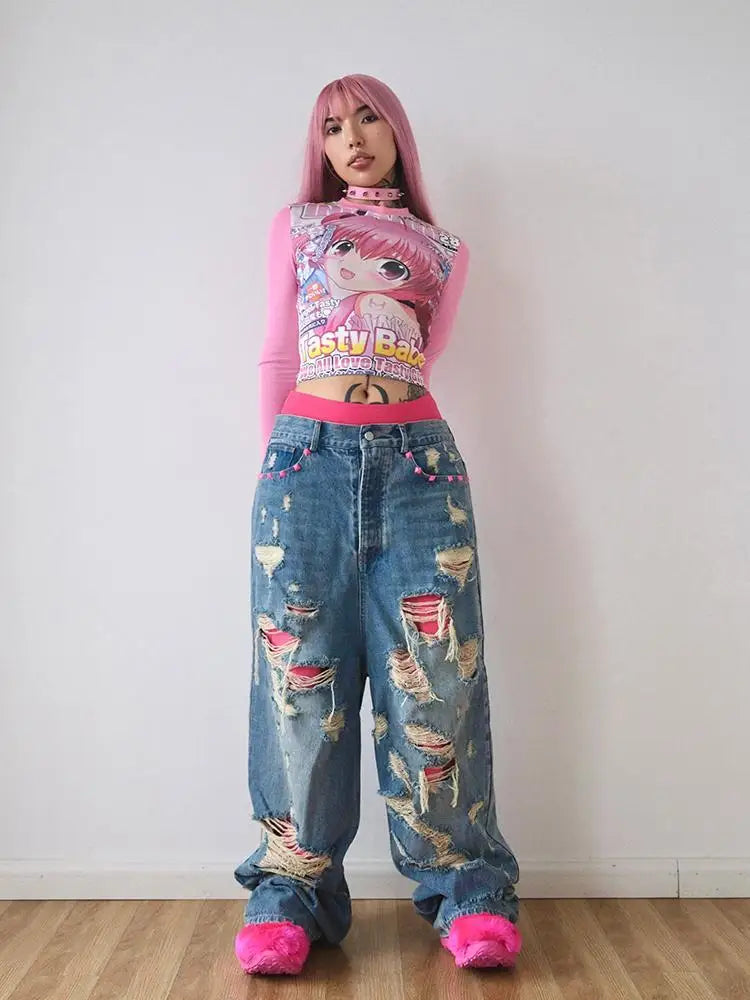 Deeptown Harajuku Kawaii Anime Graphic T Shirts Women Cutecore Cartoon Patchwork Tees Y2K Aesthetic Slim Crop Top Japanese 2000s NovaCart