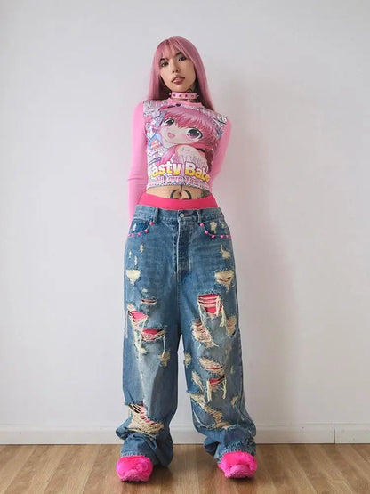 Deeptown Harajuku Kawaii Anime Graphic T Shirts Women Cutecore Cartoon Patchwork Tees Y2K Aesthetic Slim Crop Top Japanese 2000s NovaCart