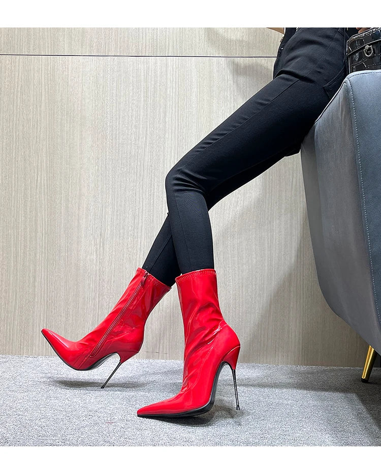 Knee-High Pointy Toe Women Boots 13cm Ultra Thin Steel High Heels Metal Heel Patent Leather Wide Calf Boots for Women Plus Size NovaCart