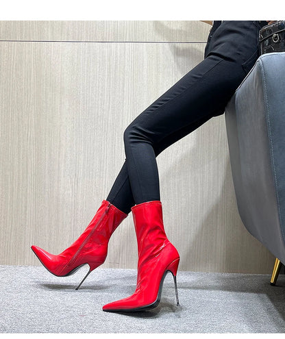 Knee-High Pointy Toe Women Boots 13cm Ultra Thin Steel High Heels Metal Heel Patent Leather Wide Calf Boots for Women Plus Size NovaCart