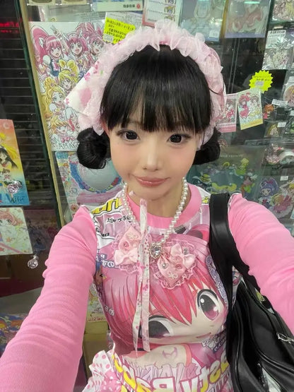 Deeptown Harajuku Kawaii Anime Graphic T Shirts Women Cutecore Cartoon Patchwork Tees Y2K Aesthetic Slim Crop Top Japanese 2000s NovaCart
