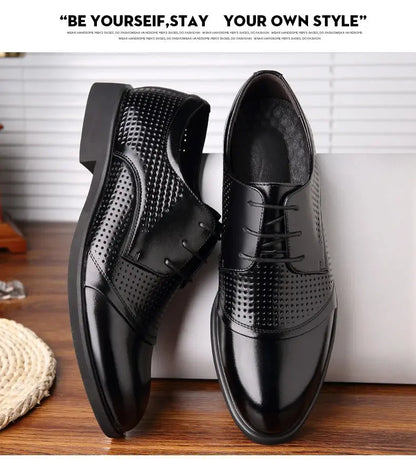 Flat / 6CM Genuine Leather Men Formal Elevator Shoes Wedding Business Height Increase Lift Shoes Invisible Summer Hollow Wedding NovaCart
