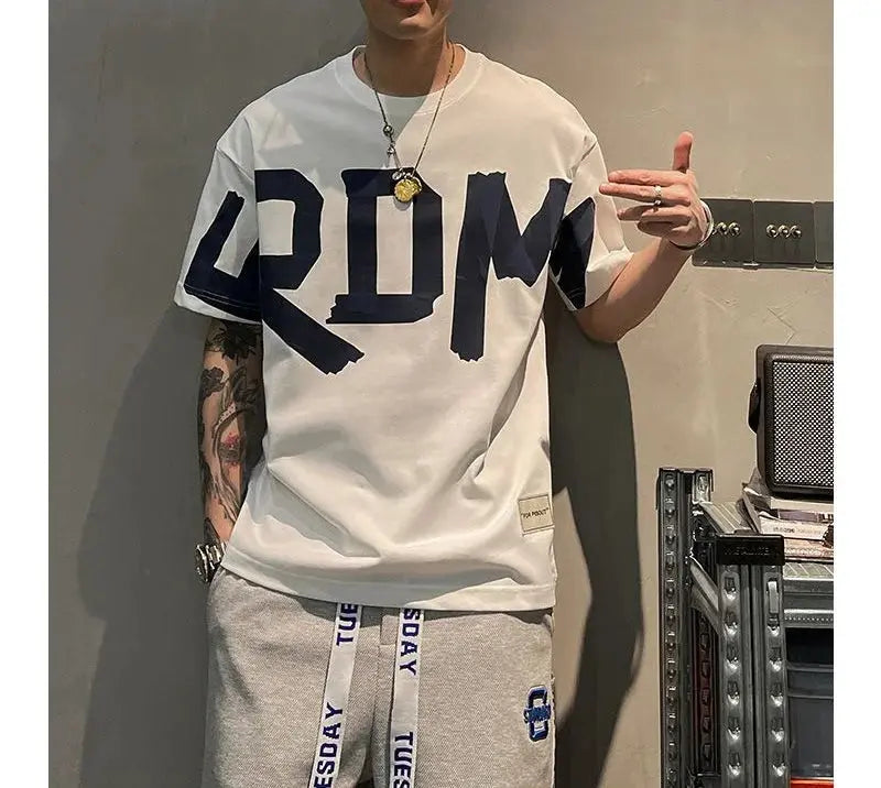 2023 Summer Casual All-match Trend Korean Fashion Short Sleeve Round Neck Solid Color Letter Printed Loose Fashion Youth T-shirt NovaCart