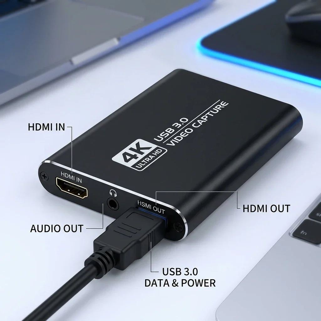 4K USB 3.0 Video Capture Card, HDMI-compatible HDTV Recorder Grabber for Game Recording, PC, Game Audio & Mic Pi-Mart