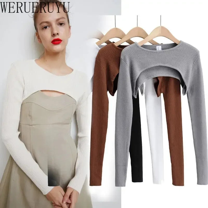 T-shirts Women Long Sleeve Crop Top Spring Autumn Y2k Aesthetic Clothes O-neck Black White Sexy Harajuku Knitted Tshirt 2023 NovaCart