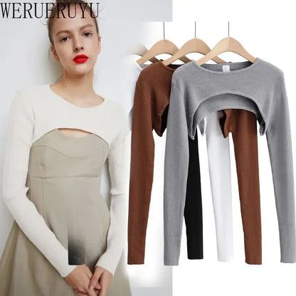 T-shirts Women Long Sleeve Crop Top Spring Autumn Y2k Aesthetic Clothes O-neck Black White Sexy Harajuku Knitted Tshirt 2023 NovaCart