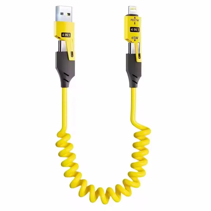 4 in 1 65W Spring Short Data Cable 6A USB Type C Spring Telescopic Quick Charger Wire Spring USB Cable for iPhone 16 15 14 13 Pi-Mart