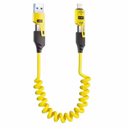 4 in 1 65W Spring Short Data Cable 6A USB Type C Spring Telescopic Quick Charger Wire Spring USB Cable for iPhone 16 15 14 13 Pi-Mart