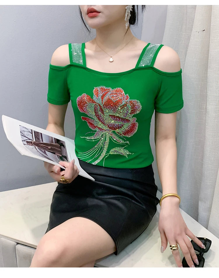M-3XL Summer European Women's Clothes High Quality T-Shirt Luxury Hot Diamonds Design Slim Tees Sexy Girls Streetwear Tops NovaCart