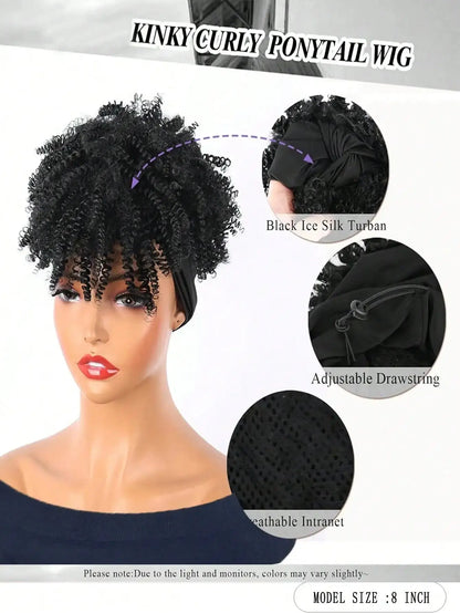 Headband Wigs for Synthetic Short Afro Kinky Curly Wigs Dark Brown Wig with Bangs Wrap Wigs 2 in 1 synthetic Wig Drawstring NovaCart