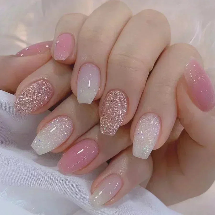 24Pcs Short Square Coffin False Nails Square Fake Nails with Glue French Glitter Wearable Acrylic Nails Set Press on Nail Tips NovaCart