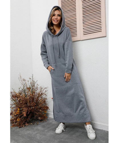 Hoodies Dress For Women Fashion 2025 Hem Lace-up Midi Robe Hooded Long Dress Autumn Winter Warm Casual Loose Sweatshirt Vestidos NovaCart