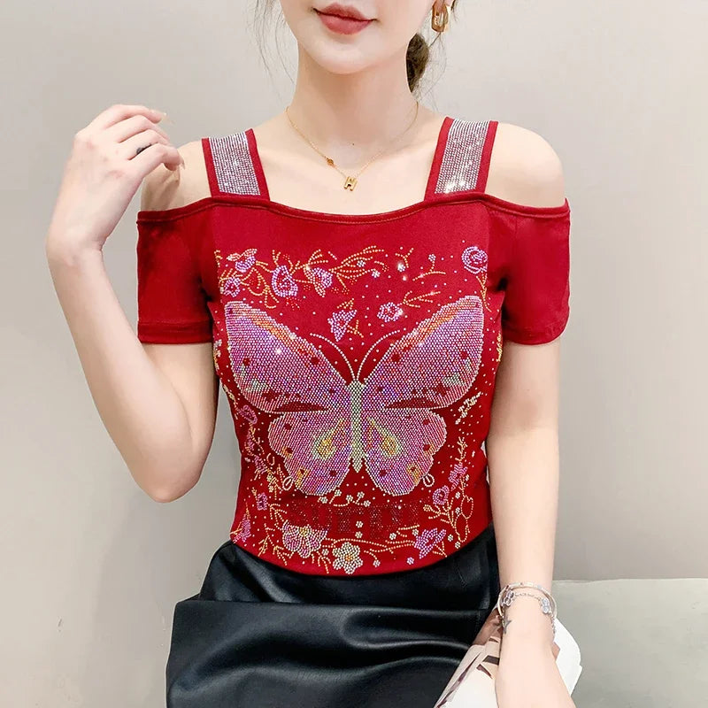Women's Clothes New Design Sexy Off Shoulder Shiny Diamonds T-Shirts Luxury Brand Mesh Tees Tops Blouse Shirt NovaCart
