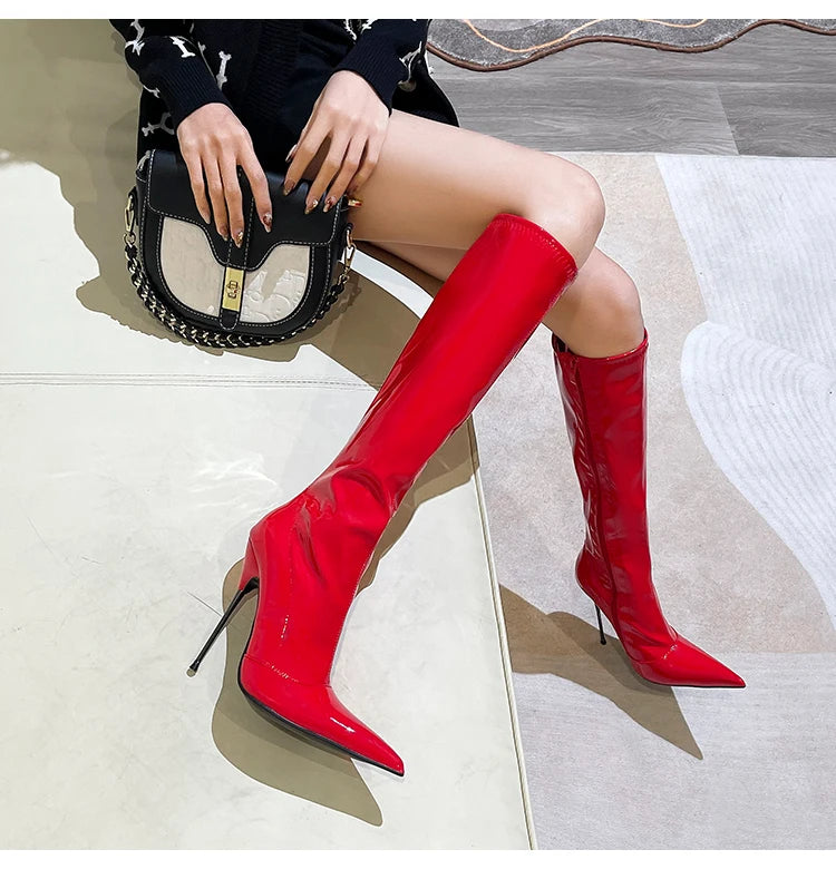 Knee-High Pointy Toe Women Boots 13cm Ultra Thin Steel High Heels Metal Heel Patent Leather Wide Calf Boots for Women Plus Size NovaCart