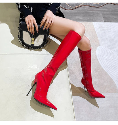 Knee-High Pointy Toe Women Boots 13cm Ultra Thin Steel High Heels Metal Heel Patent Leather Wide Calf Boots for Women Plus Size NovaCart