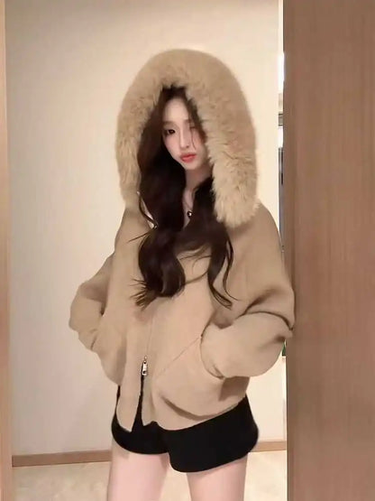 Autumn Loose Hooded Knitted Coat Pure Color Casual Coats