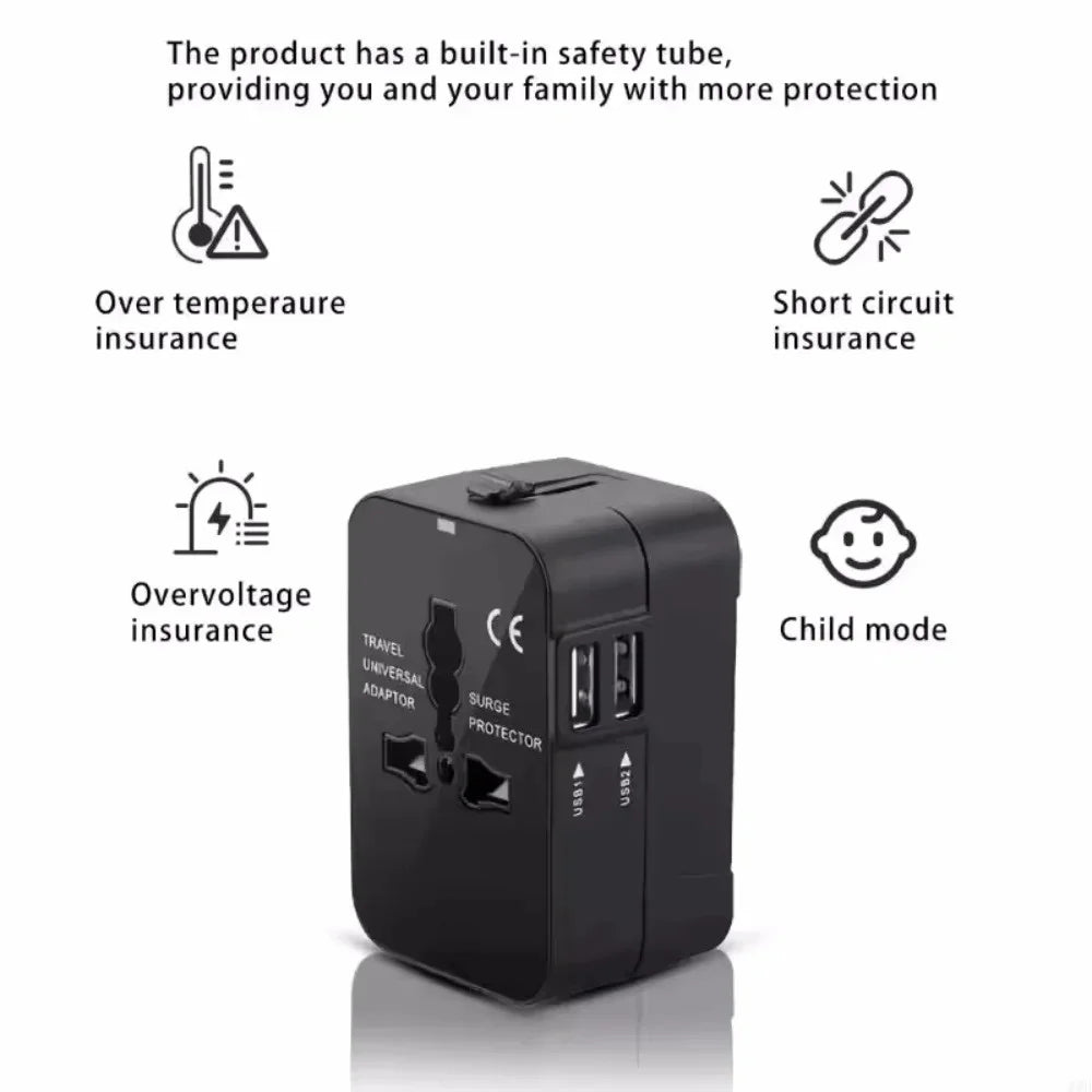 International Travel Plug Adapter EU US UK AU to Universal AC Power Converter Socket with 2 USB Ports Safety Shutter Locking Pi-Mart