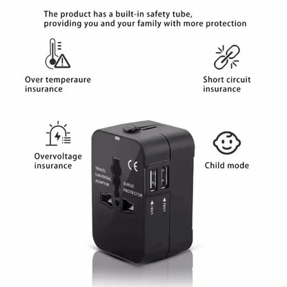 International Travel Plug Adapter EU US UK AU to Universal AC Power Converter Socket with 2 USB Ports Safety Shutter Locking Pi-Mart