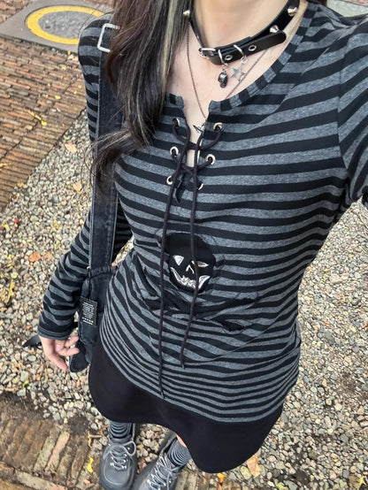 Tonngirls Gothic Retro T-shirt Women Lace Up Striped Casual Shirt Y2k Vintage Print Graphic Tops Streetwear american Grunge Tops NovaCart