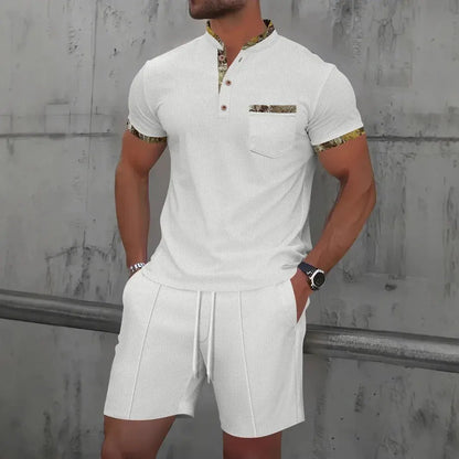 2025 Men Europe and the United States new summer Waffle solid color zip-up lapel short-sleeve suit shorts two sets NovaCart