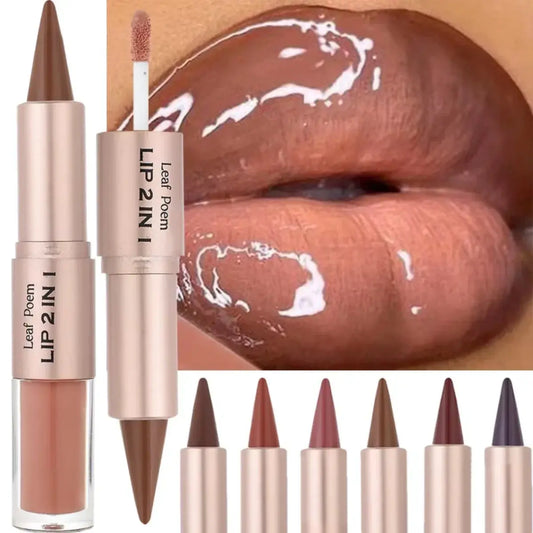 2IN1 Tapered Gradient Lipliner Pen Nude Brown Mirror Glass Lip Gloss Matte Lip Liner Waterproof Lip Contour Non Stick Makeup NovaCart